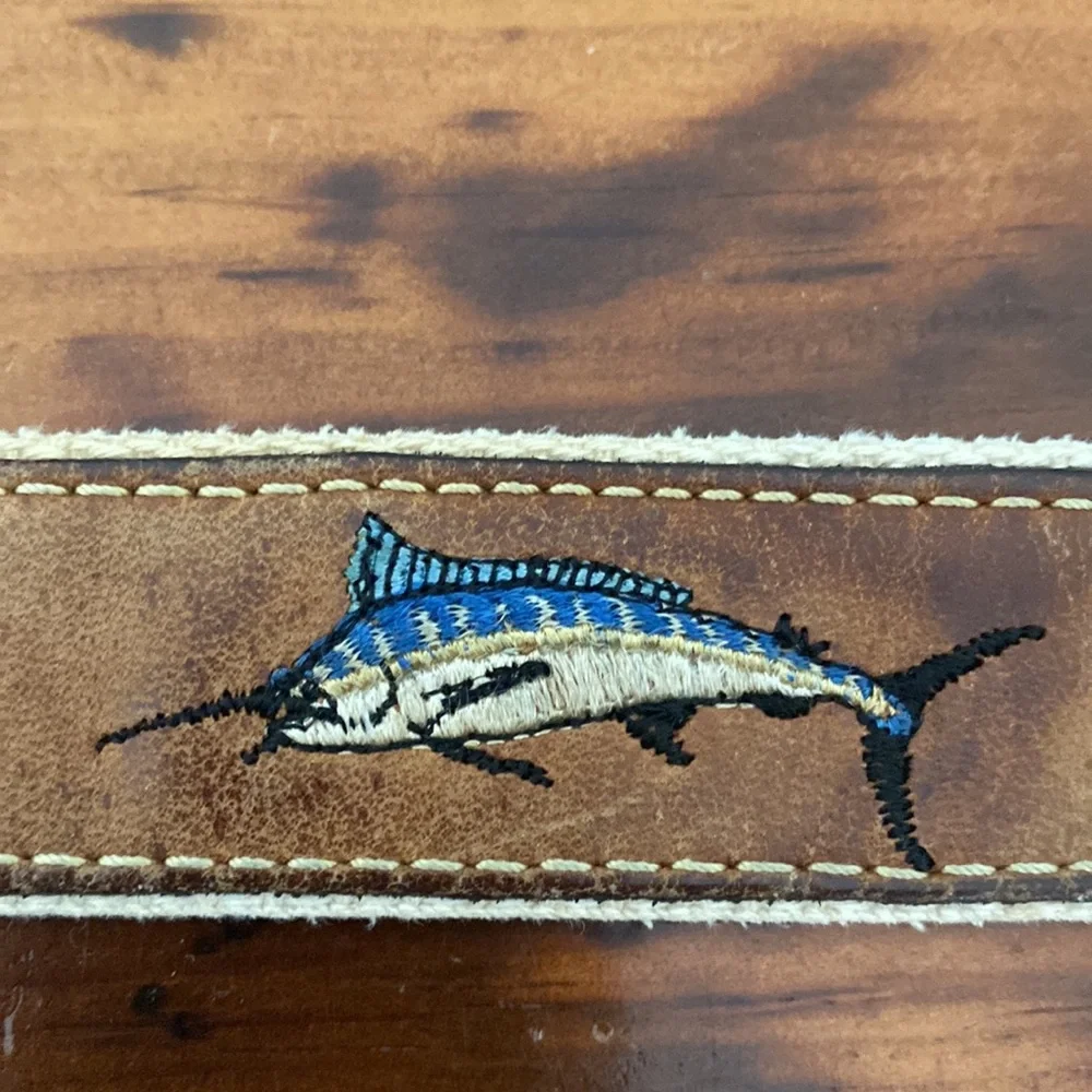 Mens distressed leather embroidered vintage sailfish fishing belt silver tip